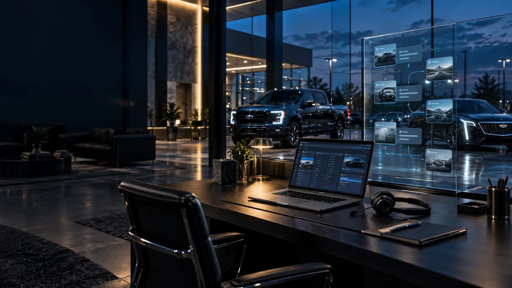 Customer follow-up workspace with a laptop and headset overlooking American vehicles