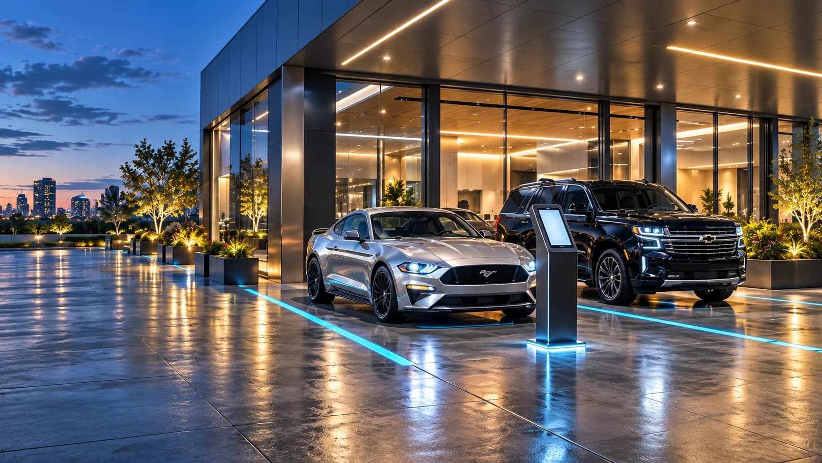 Mustang and Chevrolet SUV beside a customer self-service kiosk in a delivery bay