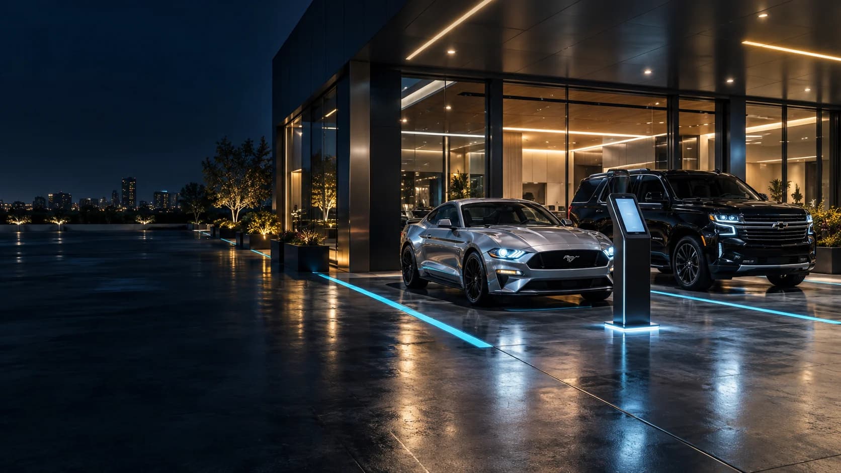 Mustang and Chevrolet SUV beside a customer self-service kiosk in a delivery bay