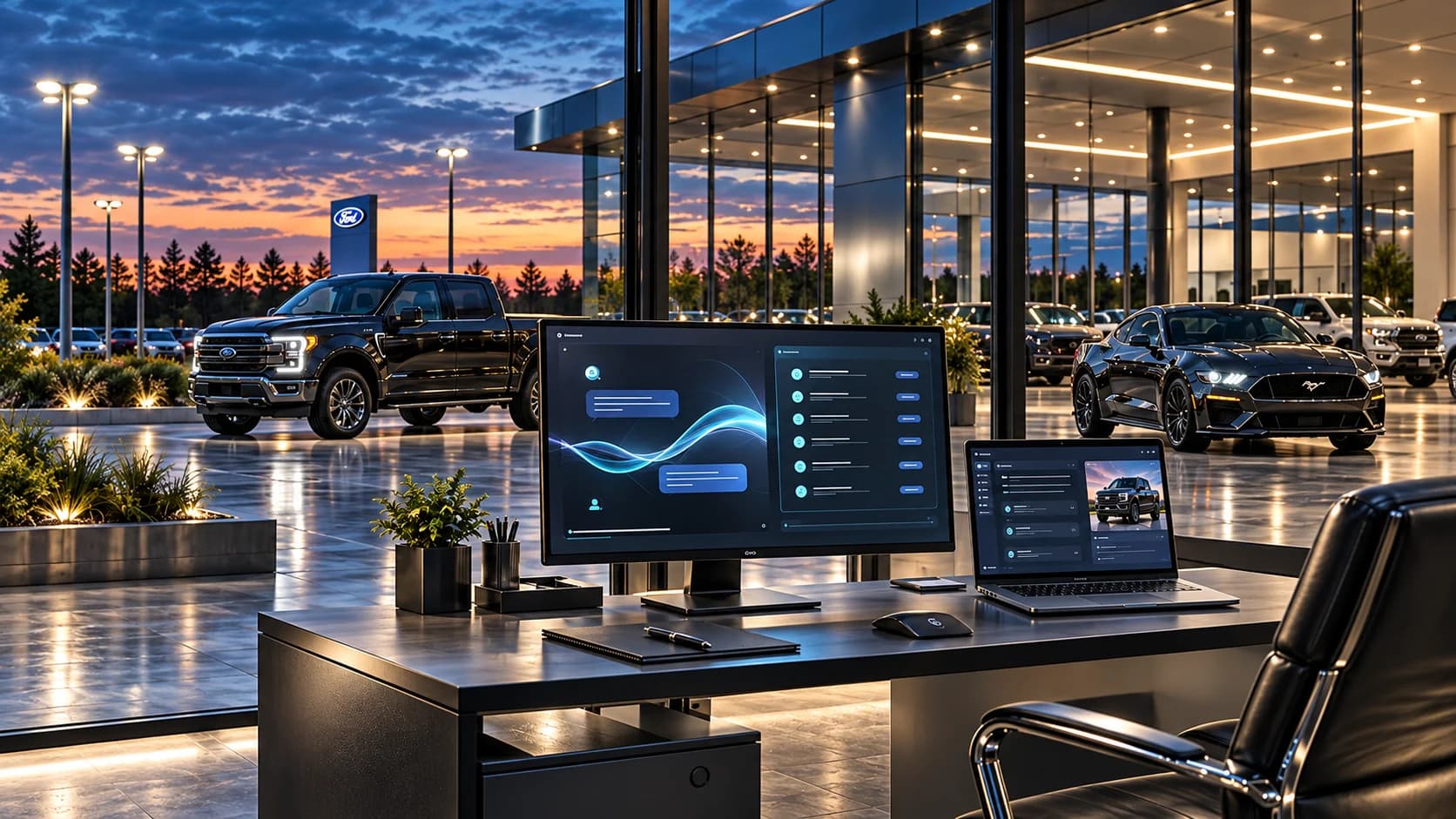 Desktop AI workspace overlooking a glass dealership at blue hour