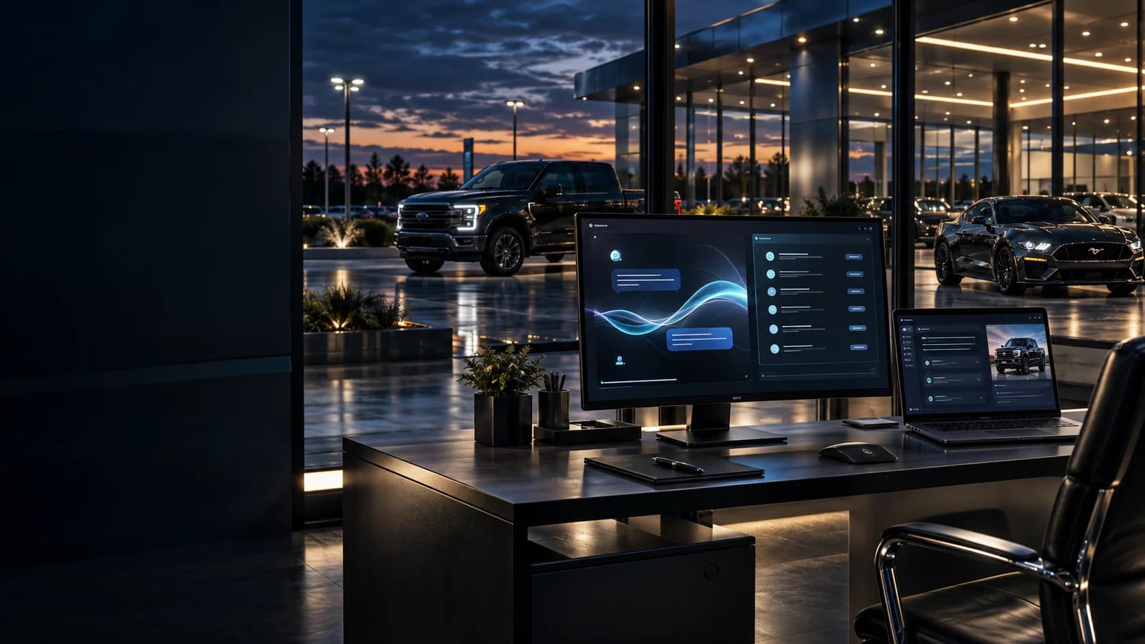Desktop AI workspace overlooking a glass dealership at blue hour