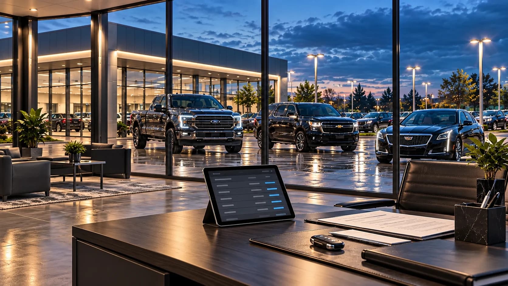Dealership finance workspace overlooking an American vehicle inventory