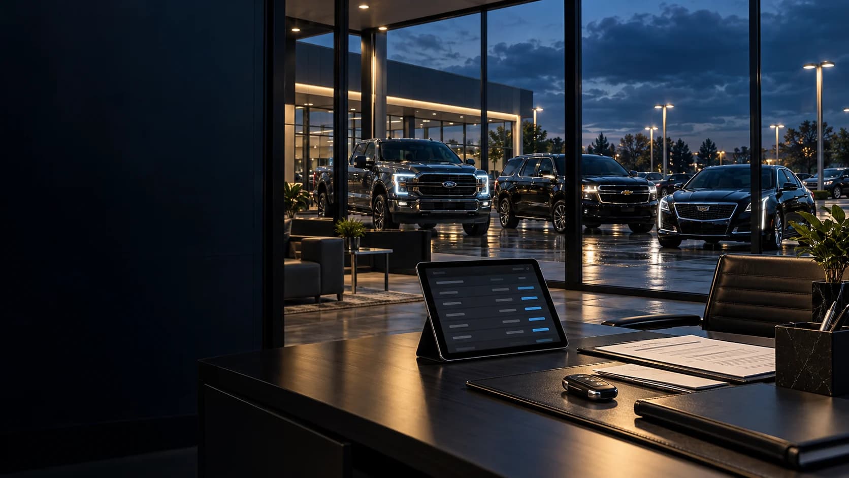 Dealership finance workspace overlooking an American vehicle inventory