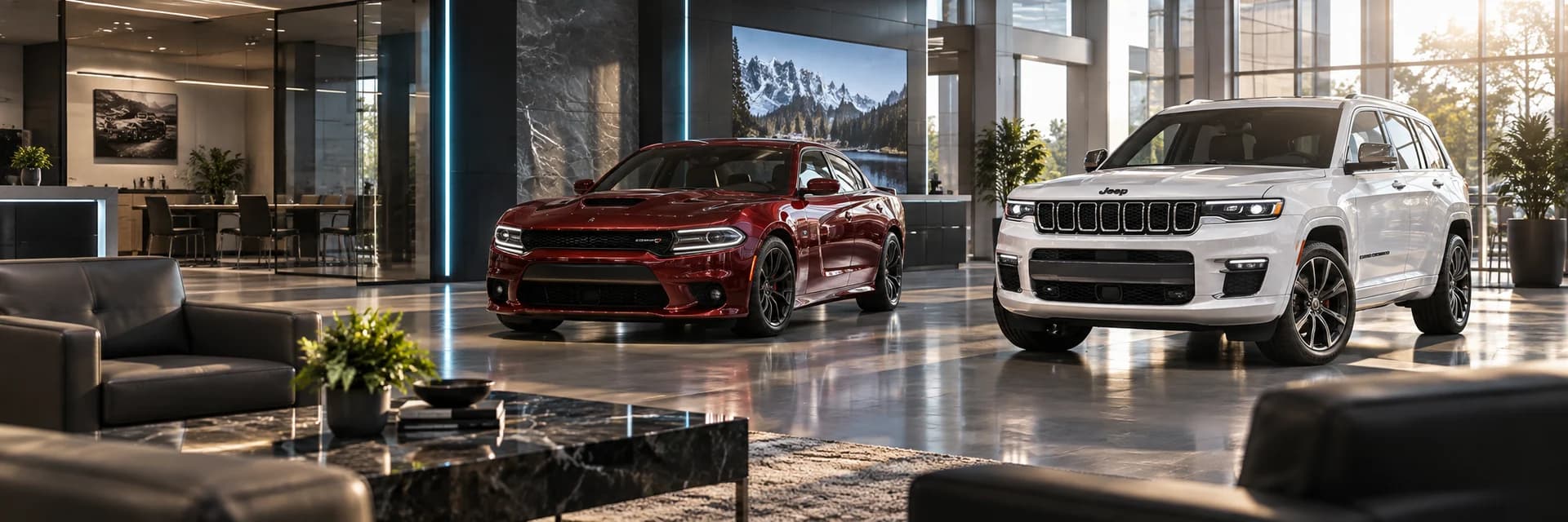 Dodge Charger and Jeep Grand Cherokee in a modern franchise showroom
