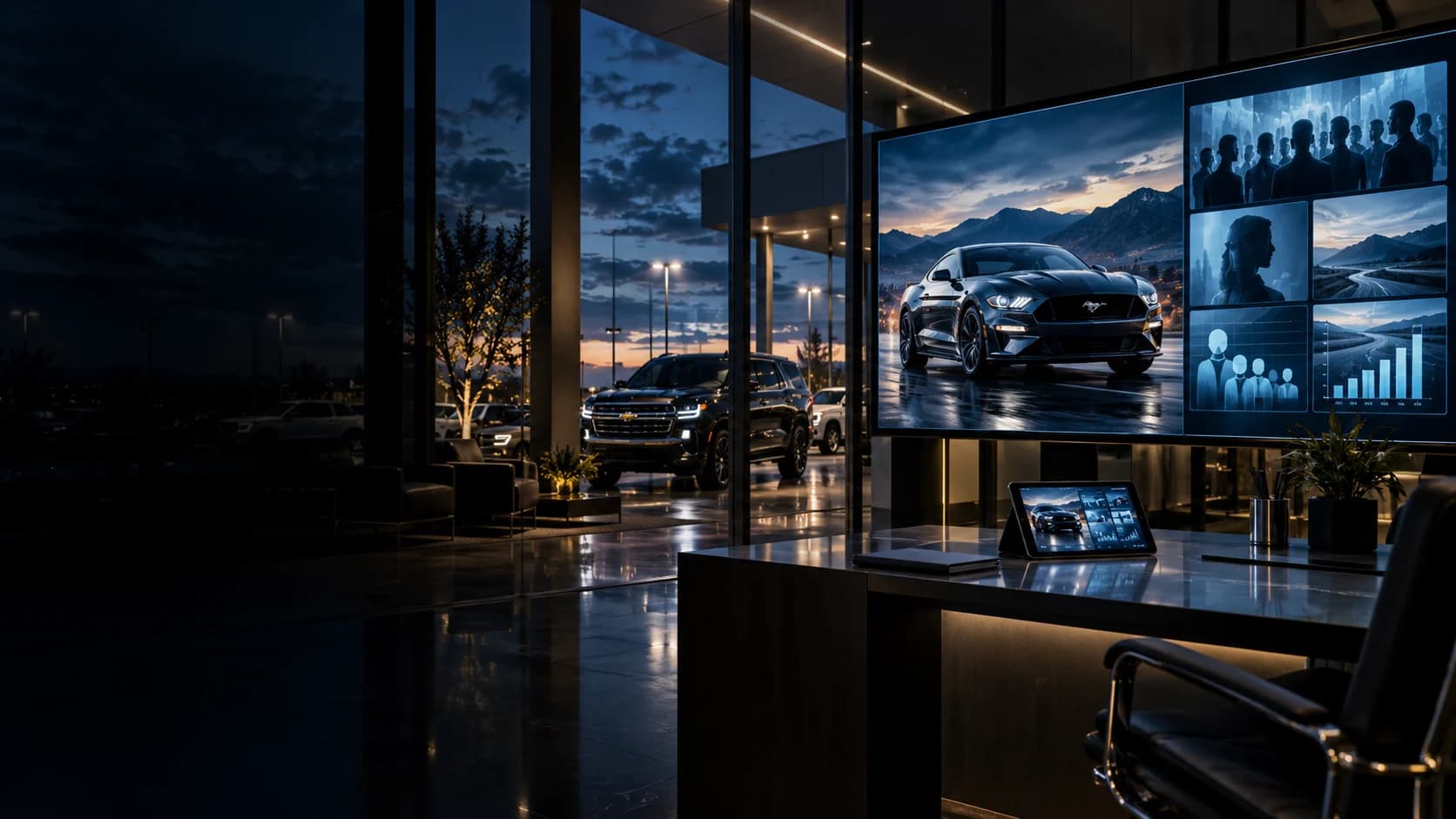 Automotive campaign planning studio overlooking a modern dealership