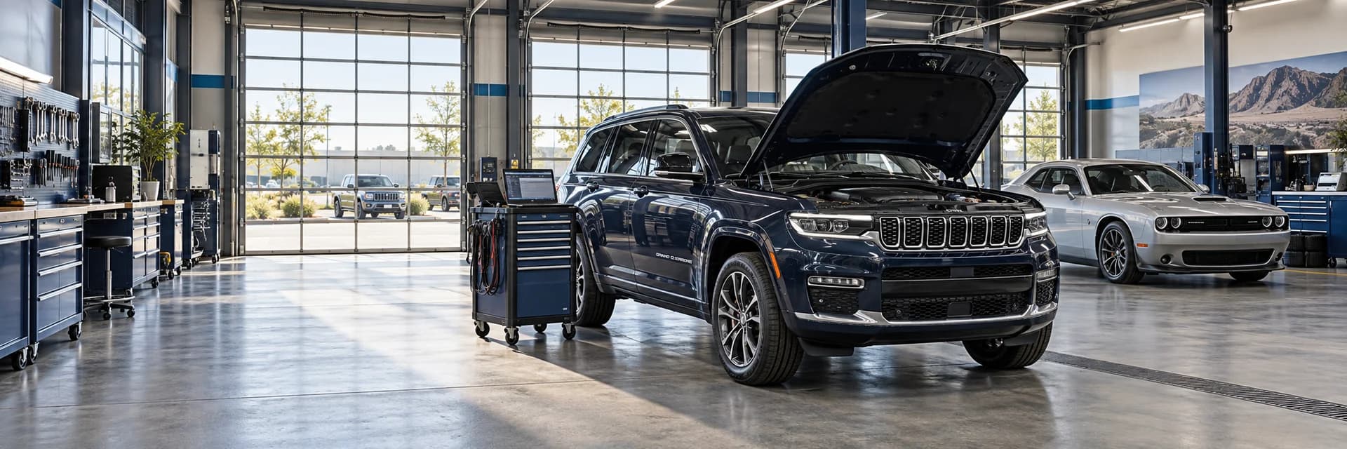 Jeep Grand Cherokee and Dodge Challenger on the floor of a modern diagnostic service workshop