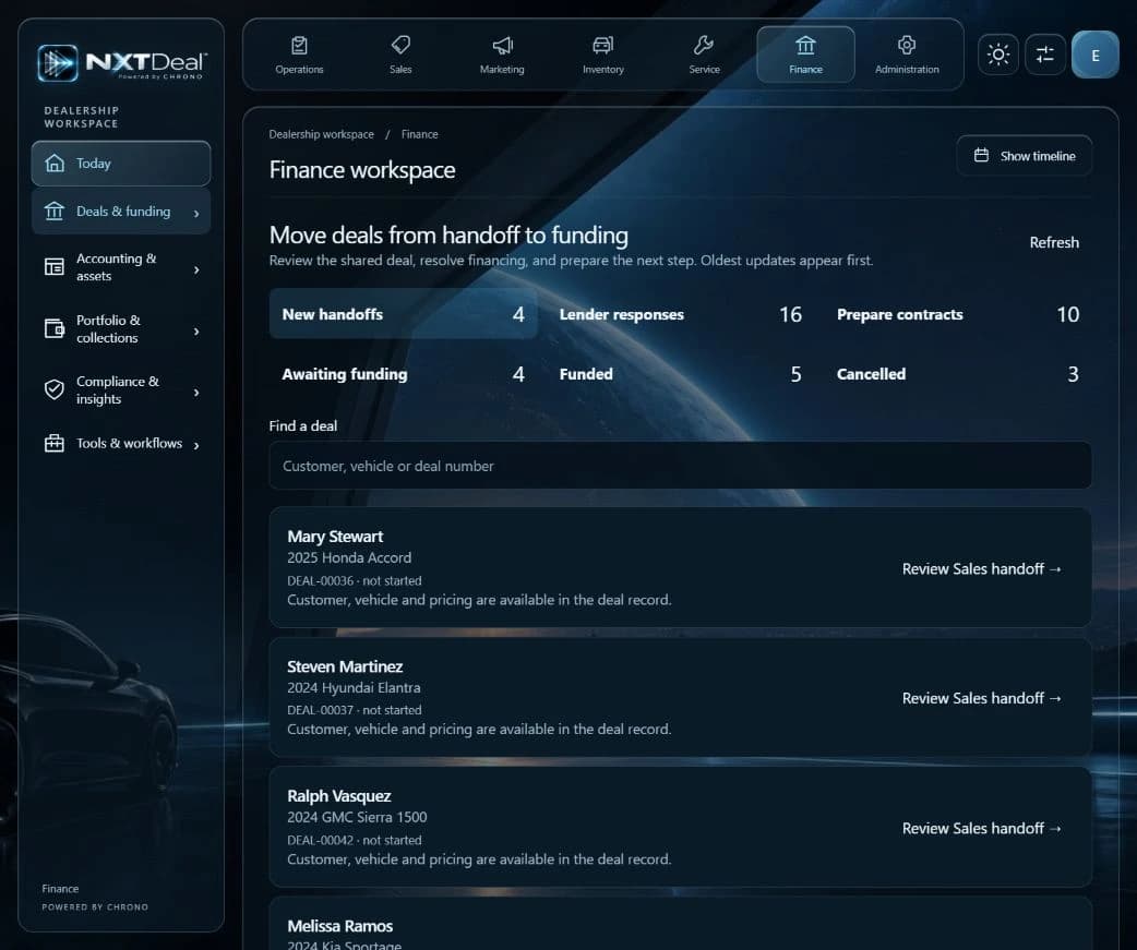 Actual NXTdeal finance workspace showing demo deal handoffs and funding queues