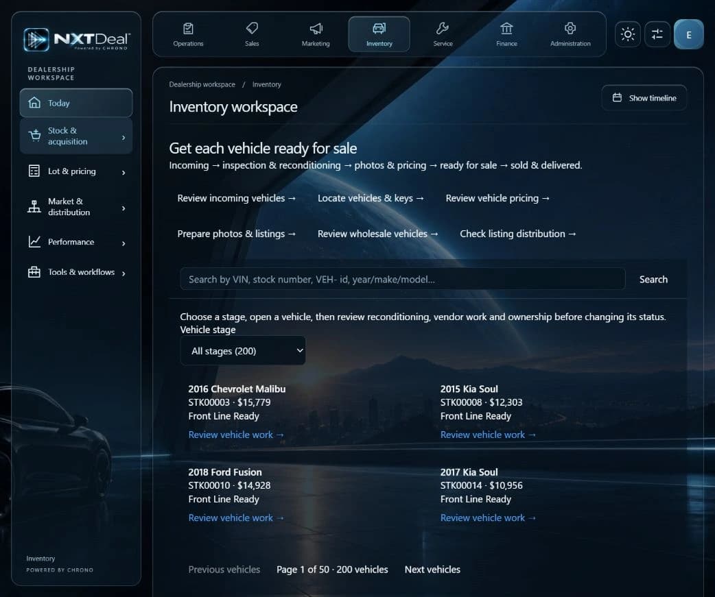 Actual NXTdeal inventory workspace showing vehicle stages and stock records