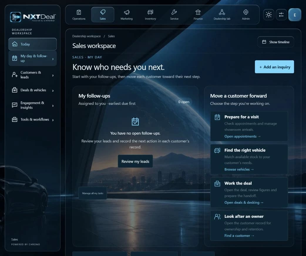 Actual NXTdeal Sales workspace showing the follow-up queue and customer journey actions