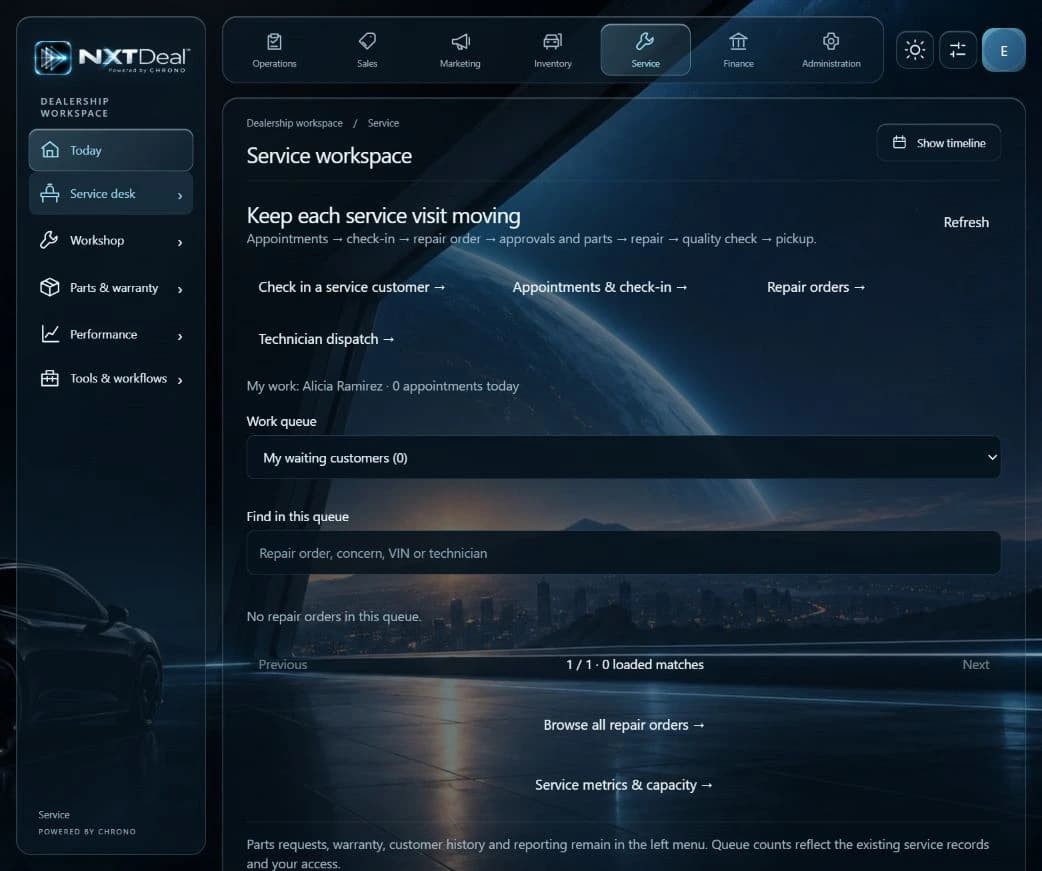 Actual NXTdeal service workspace with check-in, repair-order and technician-dispatch actions