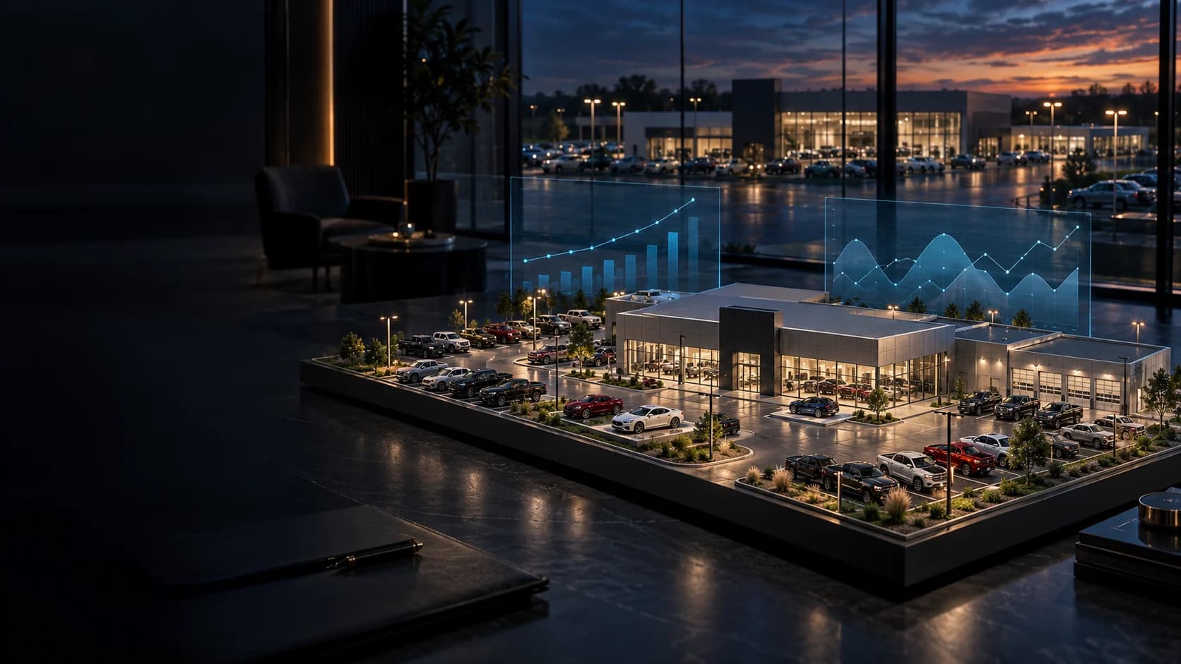 Dealership scale model with scenario comparison displays in a planning studio